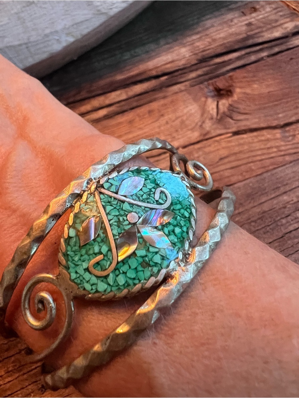 Handcrafted Turquoise  color Mosaic Silver Cuff Bracelet - Green Accent